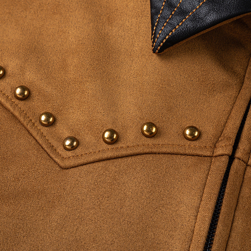 Retro Color-Block Notched Collar Workwear Short Jacket with Rivet Design and Double-Headed Zipper for Men eprolo