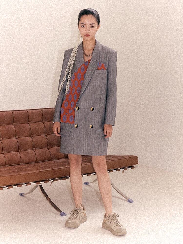 Women Gray Striped Long Big Size Blazer New Lapel Long Sleeve Loose Fit Jacket Fashion Trend Spring Autumn eprolo