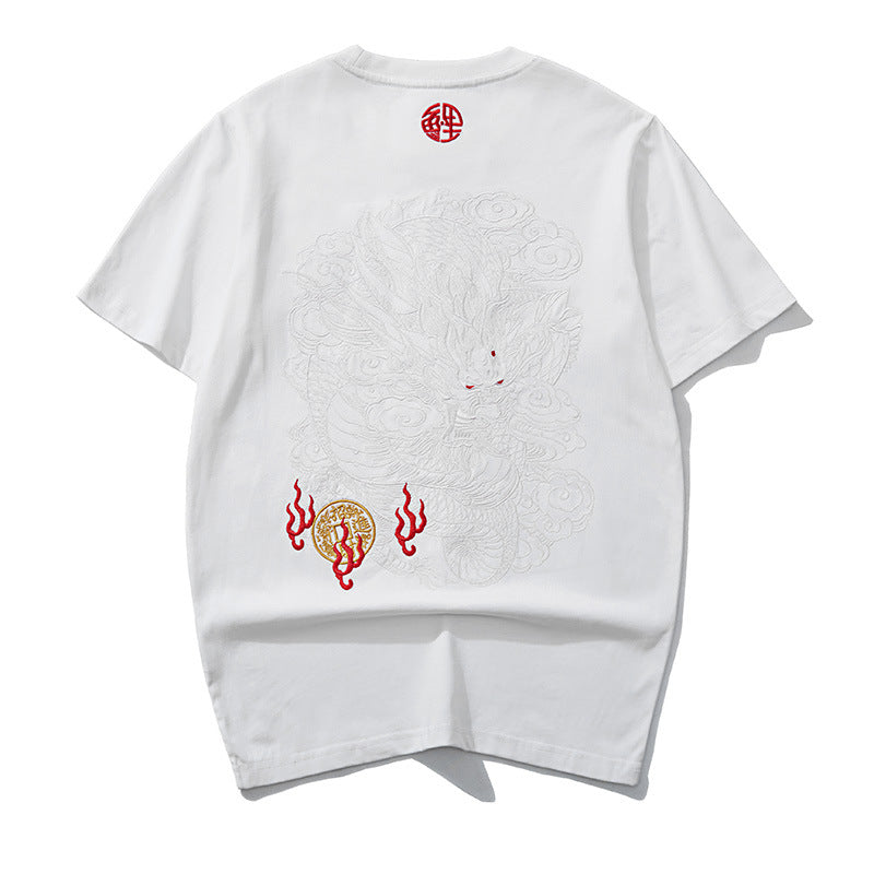 Black thread embroidery dragon pattern short sleeved T-shirt round neck pure cotton breathable top for men's fashion eprolo