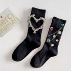 Summer and Spring European Luxury Love Diamond Black Chain Middle Tube Stacked Socks eprolo