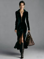 Autumn and Winter Women's Velvet Gorgeous Collar Zipper Front slit Long Dress eprolo