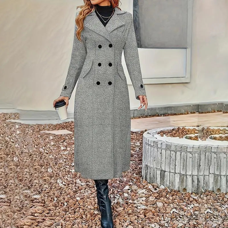 Women's Fall Winter Double Breasted Wool Coat Long Sleeve Notch Lapel Midi Long Trench Coat VELORIA - Thread of Generations