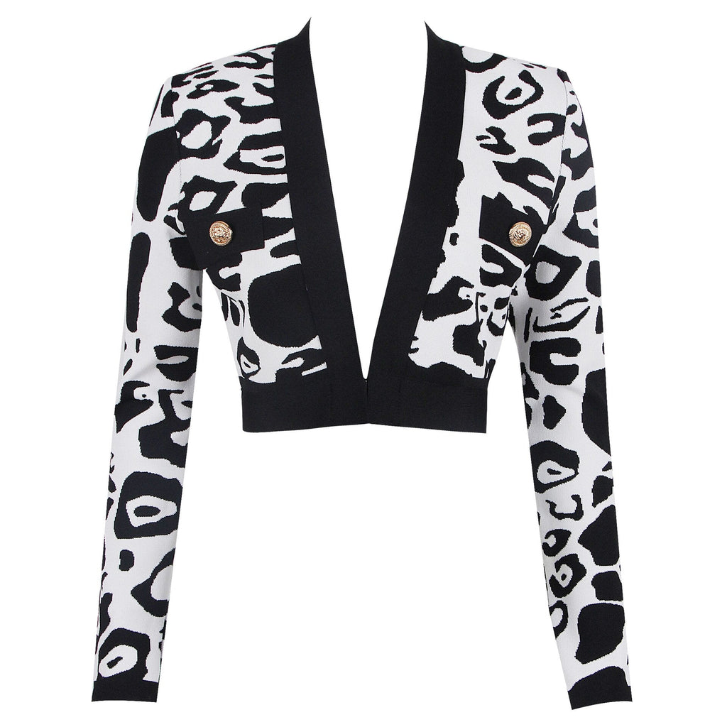 Latest Fashion Star Style Designer Women's Lion Buttons Black White Leopard Print Knitted Cardigan Short Jacke eprolo