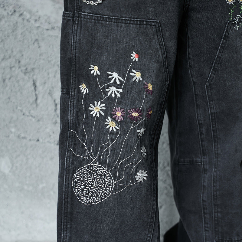 Casual Knife-Edge Pants for Men, Loose Straight-Leg Patchwork Denim Pants, Embroidered Wide-Leg Long Pants eprolo