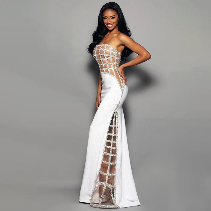 Mesh Tube Top Off Shoulder Sexy White Sequin Dress Design Slim Fit Mopping Evening Dress eprolo
