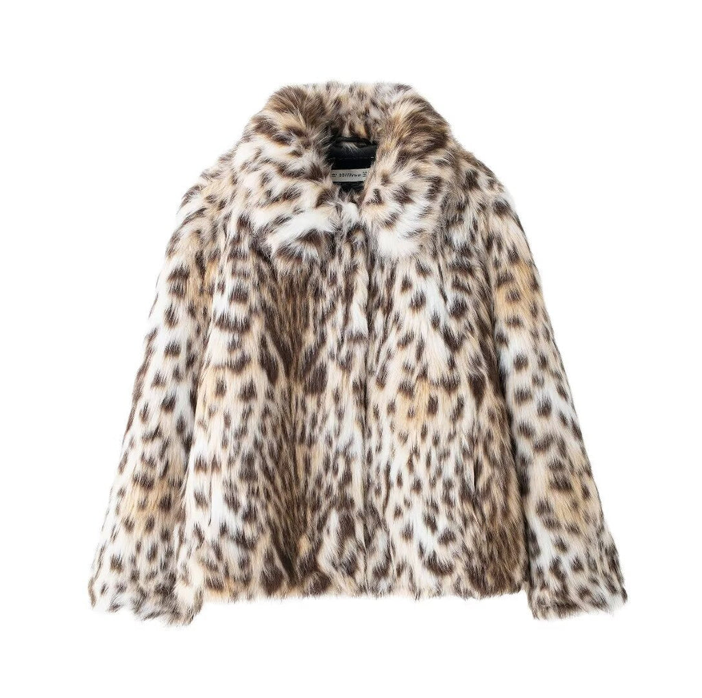 Wild Animal Print Leopard Short Faux Fur Coat with Turn-Down Collar for Women eprolo
