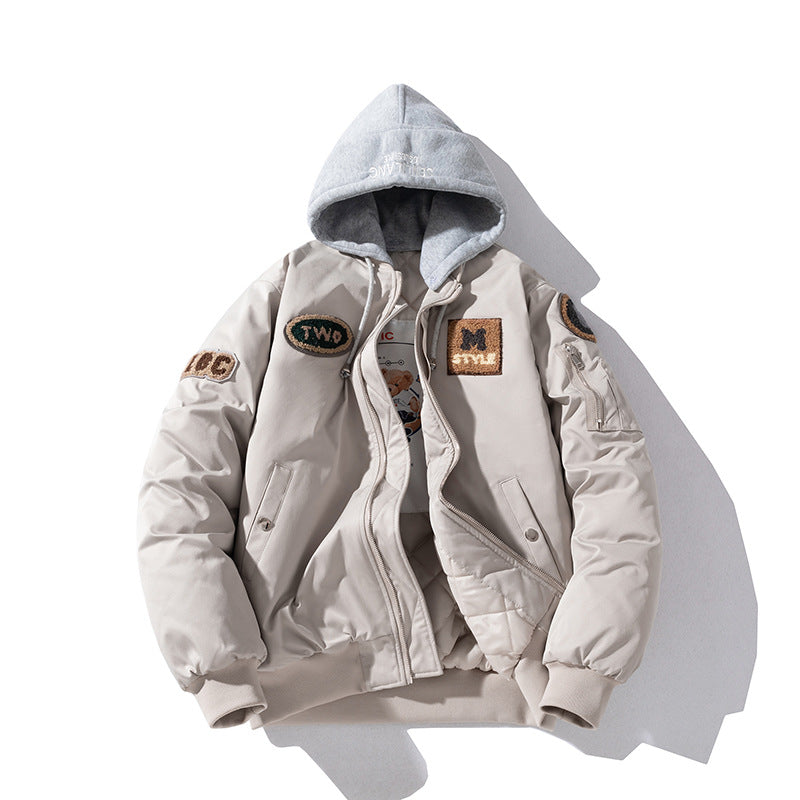 Street Trend Baseball Jacket Women Towel Fleece Embroidery Padded Hooded Thick Flight Jacket Men eprolo