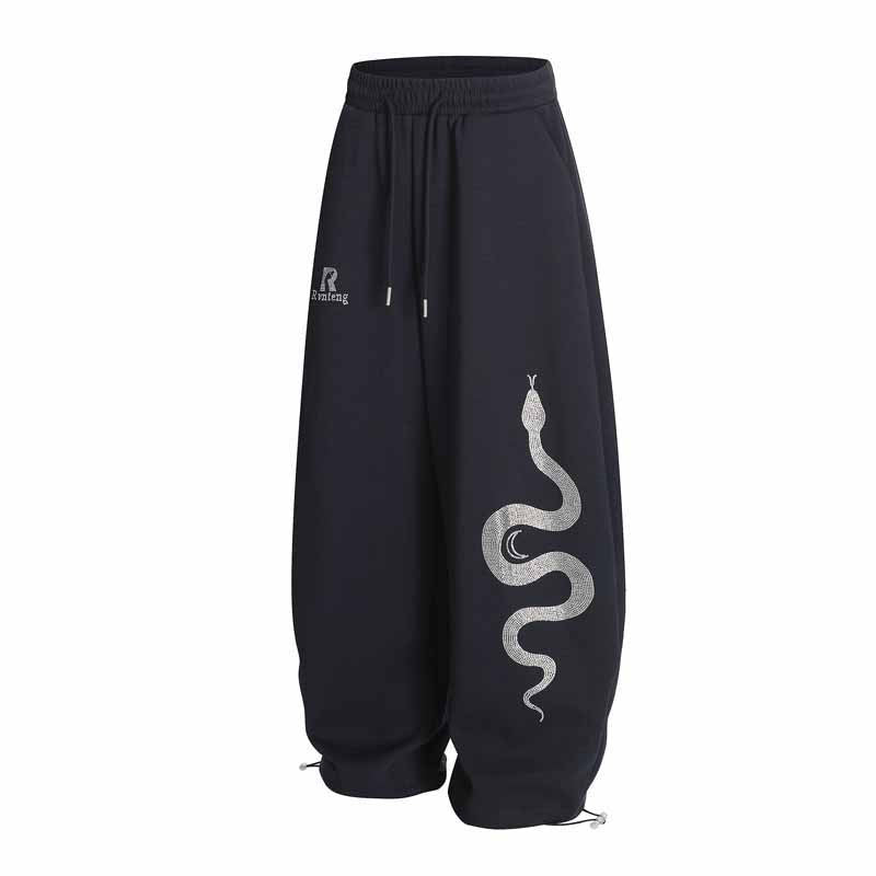 Retro Rhinestone Snake Print Casual Pants Men Street Loose Sport Sweatpants Jazz Hip-Hop Dance Pants eprolo