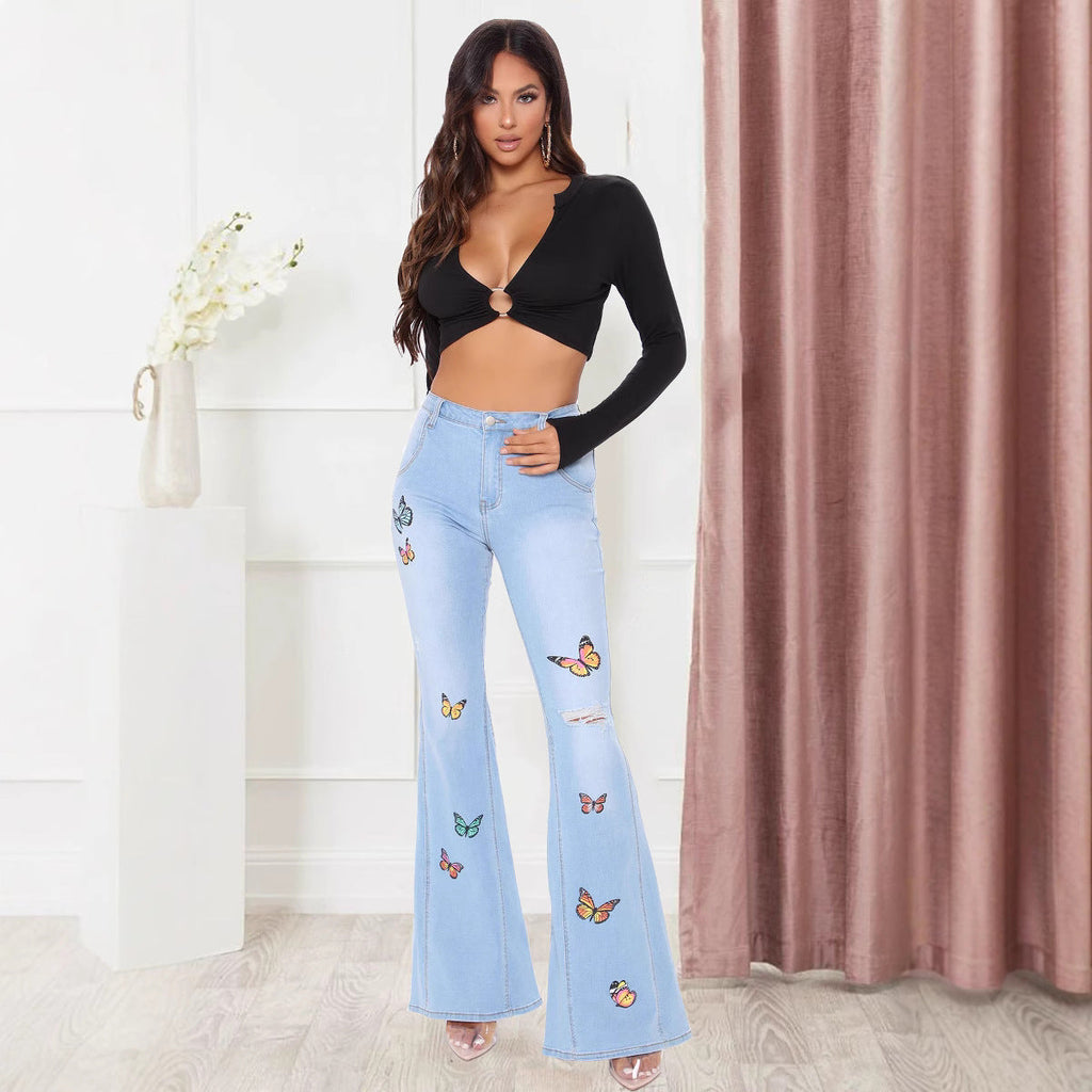 Tailored butterfly wide leg perforated high stretch flared pants eprolo