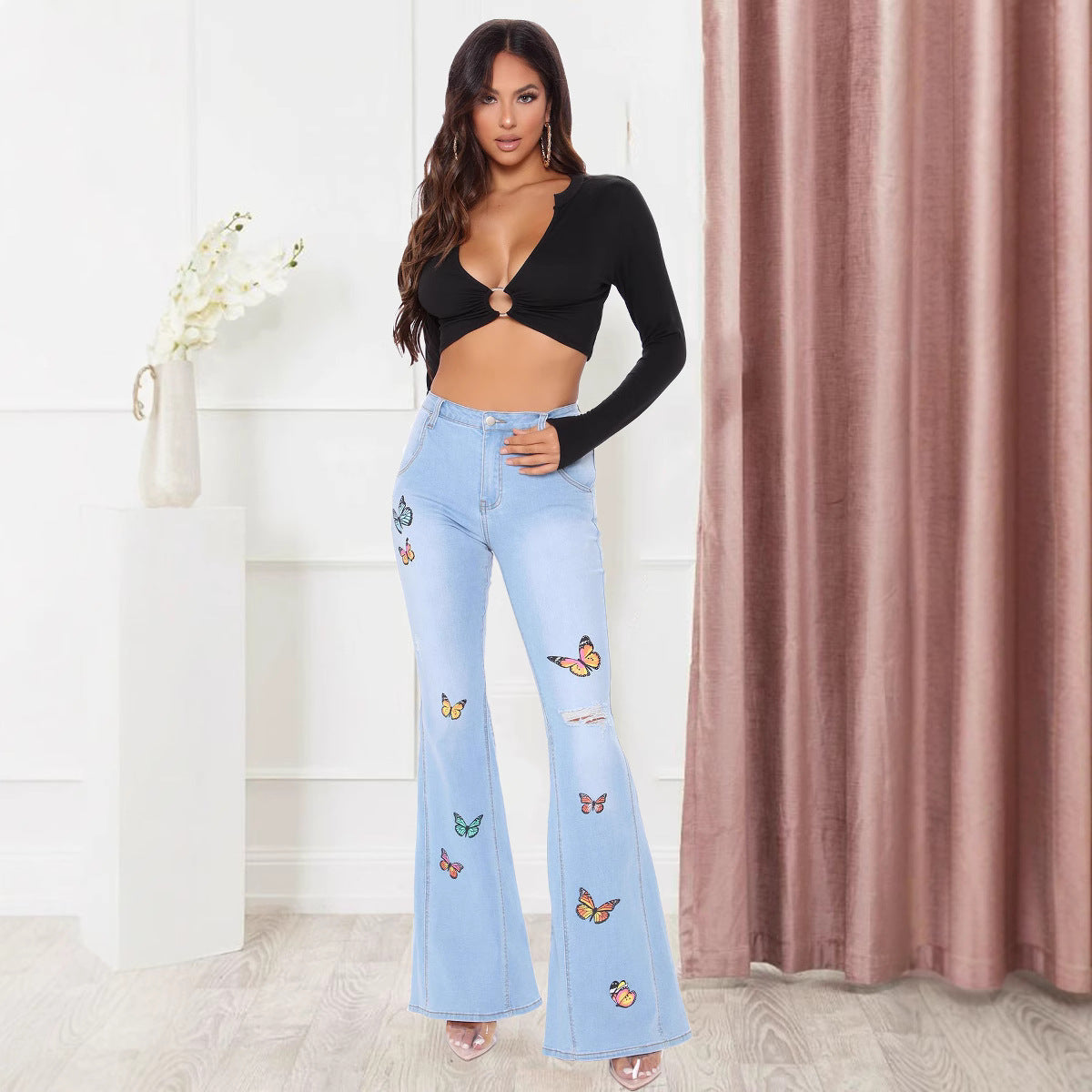 Tailored butterfly wide leg perforated high stretch flared pants eprolo