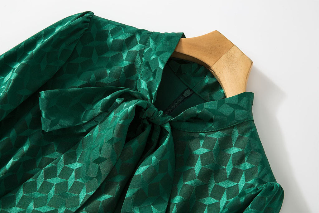 Spring And Summer New Quality Acetic Acid Jacquard Popular Green Slimming Large Swing Dress With Bow Women's Skirt eprolo