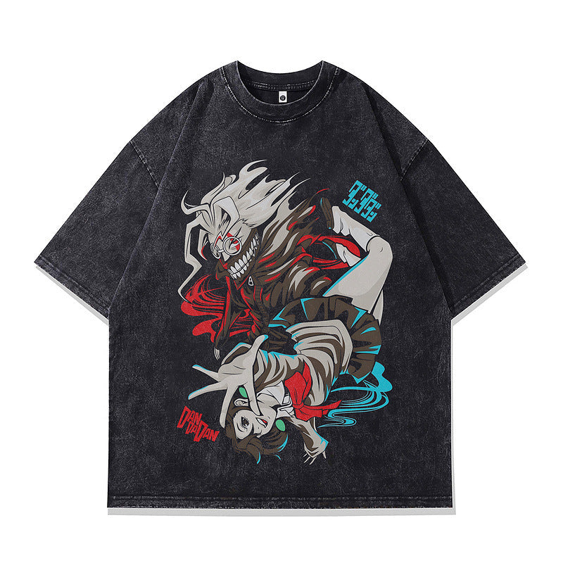 Dark Anime Print Short Sleeve T-Shirt for Men and Women Vintage American Retro Heavyweight Washed Aged eprolo