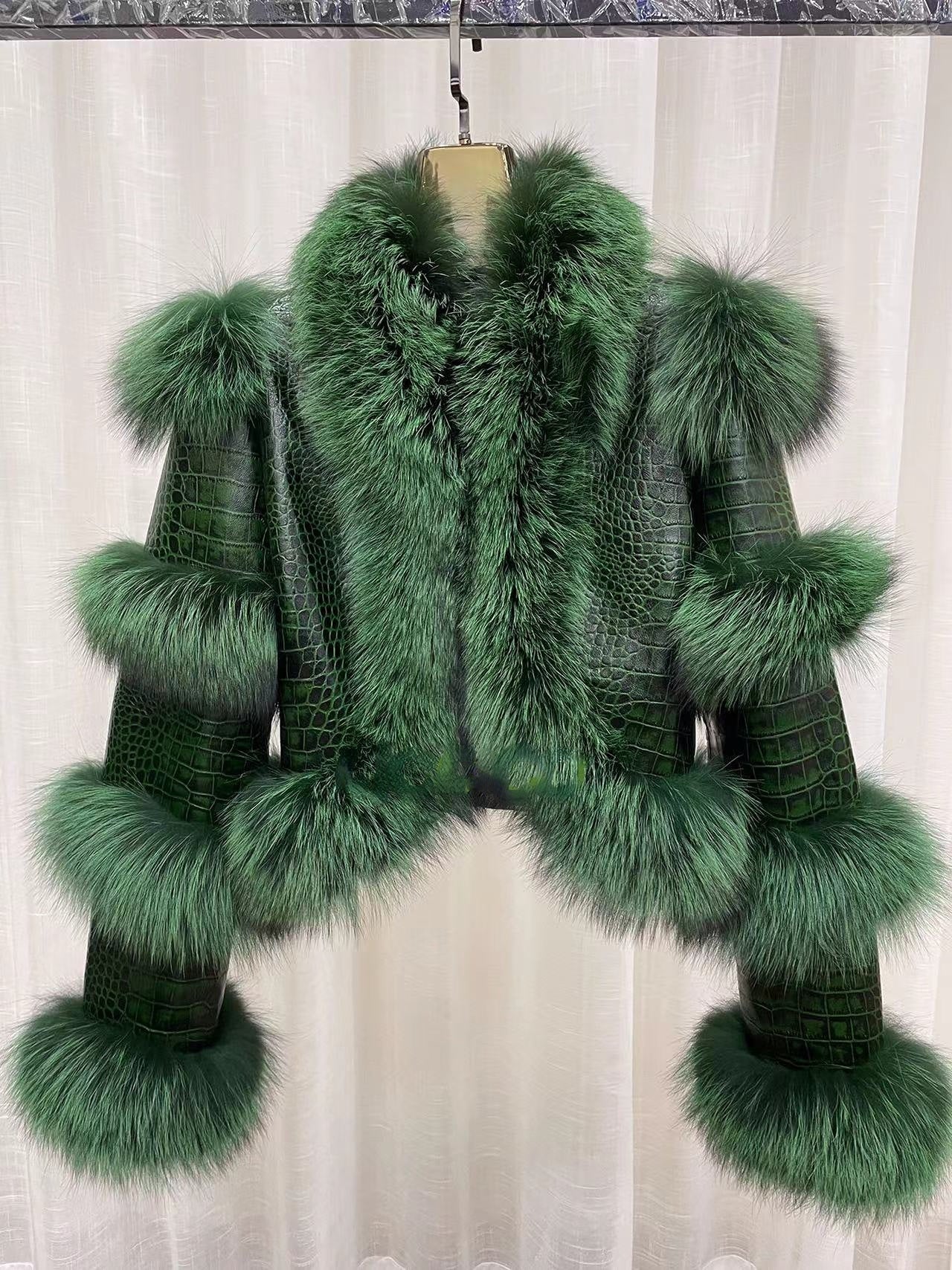 Elegant Bright Patent Leather Pattern Sheepskin Fashion Short Fox Fur Coat LittleYogaSocks