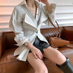 Spring New Casual Slim Type With Suit Collar Side Opening Long-Sleeved Fashion Striped Women's Shirt eprolo