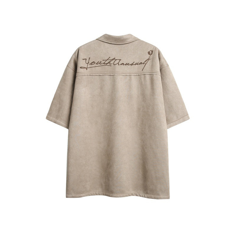 Flower horn button suede loose short sleeved shirt for men eprolo