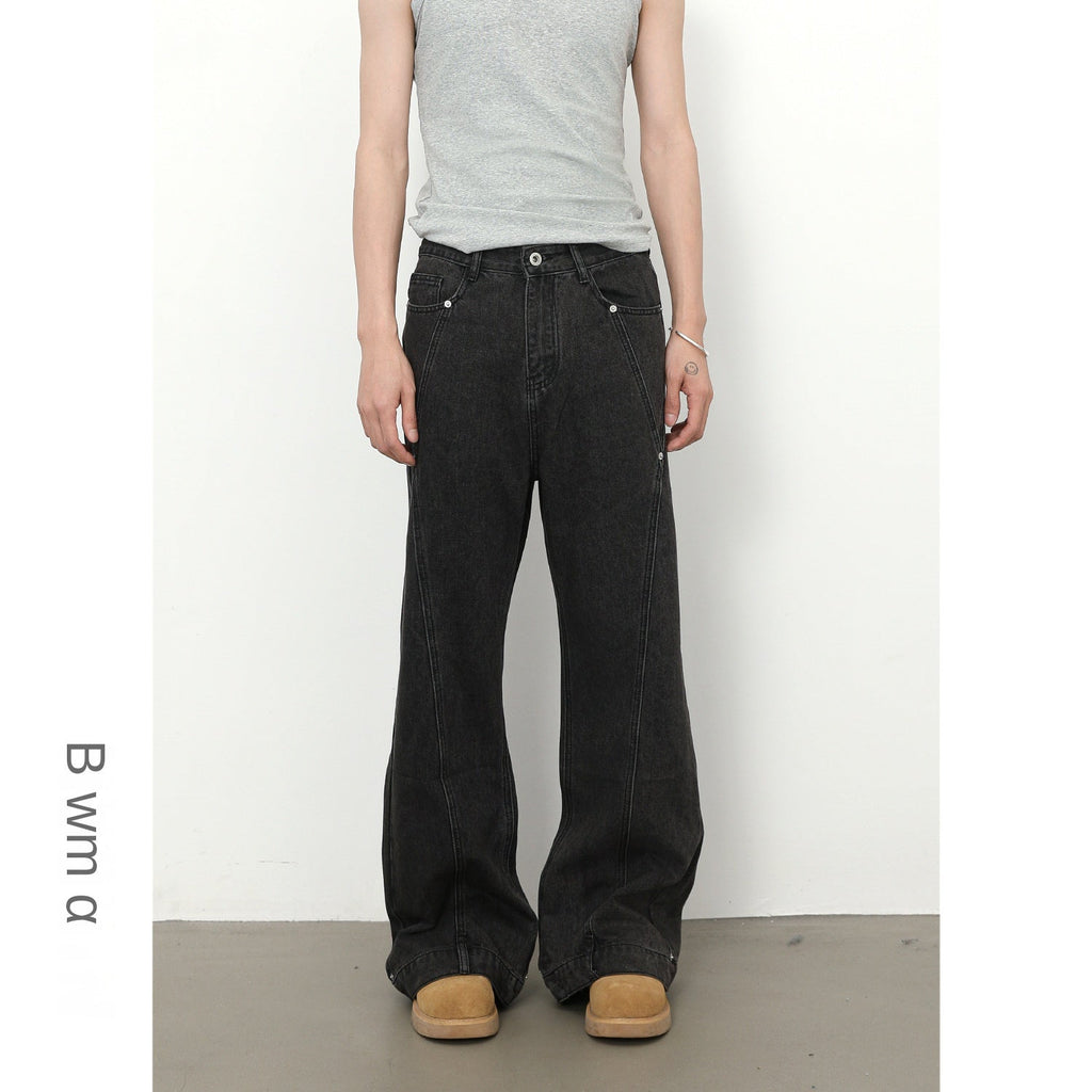 Retro Spliced Beaded Denim Trousers for Men with Loose Flared Straight Leg Design eprolo