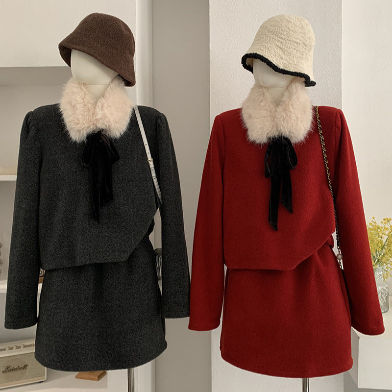 Christmas New Year Winter Rich Girl V-Neck Long Sleeve Top + Skirt Two-Piece Set eprolo