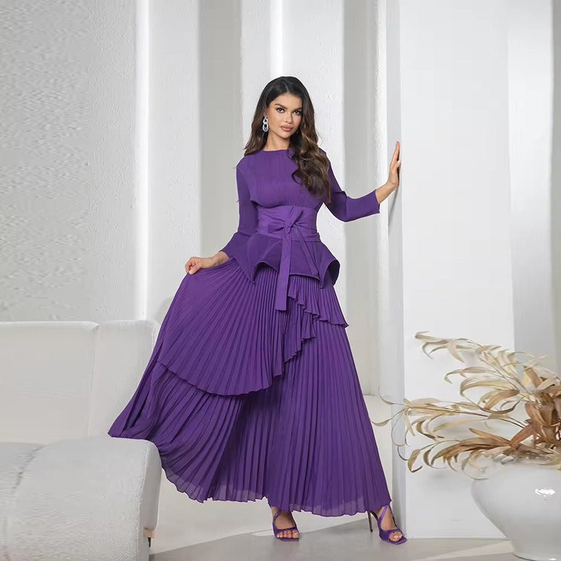 Wrinkled Irregular Lantern Skirt+Long Swing Skirt Set New Solid Color Two Piece Set eprolo