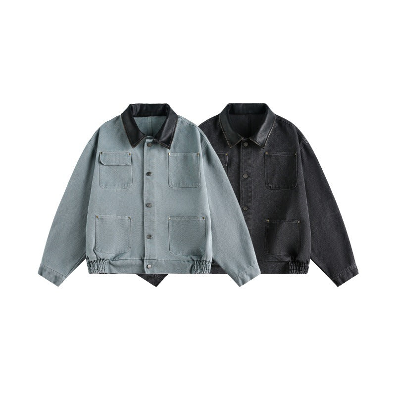 Multi-Pocket Spliced Leather Collar Loose All-Match Work Jacket Men eprolo