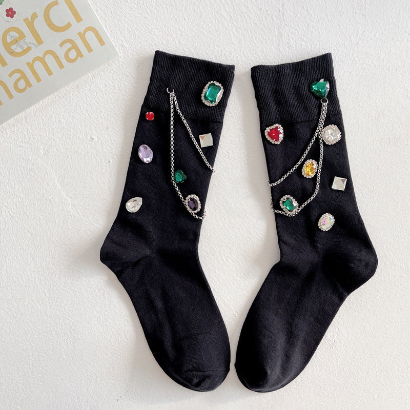 Summer and Spring European Luxury Love Diamond Black Chain Middle Tube Stacked Socks eprolo
