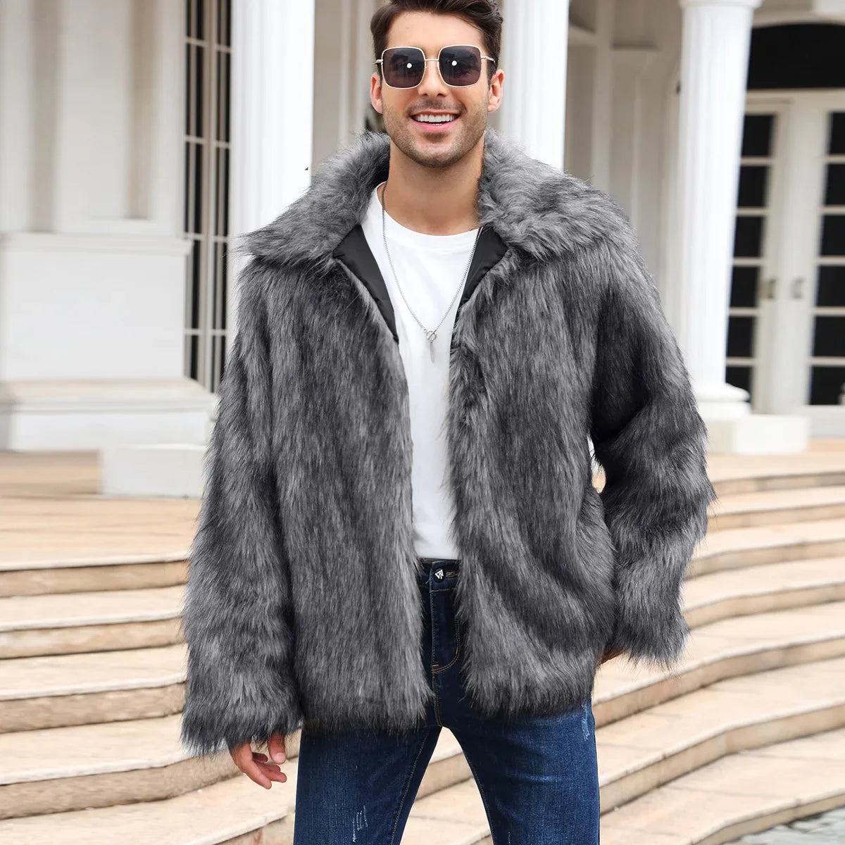 Men Faux Fox Fur Jacket Coat Winter Thick Fluffy Long Sleeve Lapel Warm Shaggy Outerwear Luxury Fur Jacket Bontjas Jackets Mens eprolo