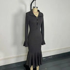 Women's Half Zip Bodycon Dress - Flared Sleeve & Fishtail Hem Long Sleeve Dress VELORIA - Thread of Generations