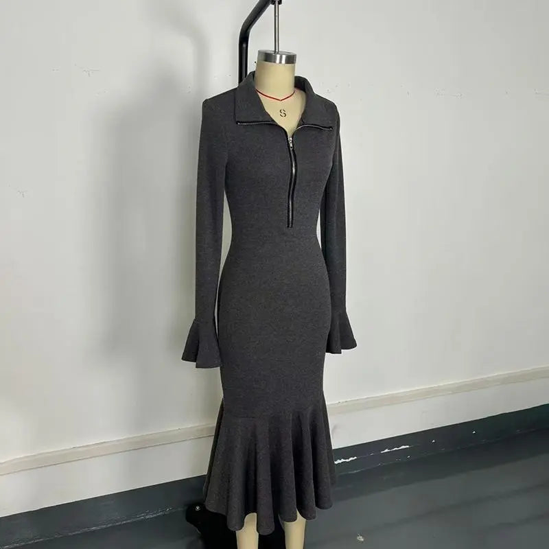 Women's Half Zip Bodycon Dress - Flared Sleeve & Fishtail Hem Long Sleeve Dress VELORIA - Thread of Generations