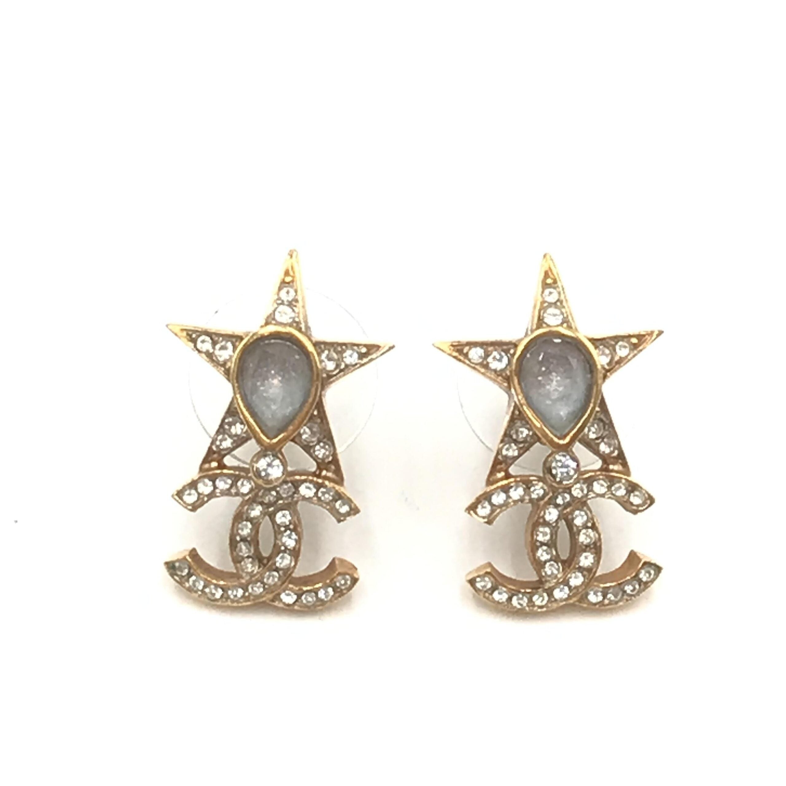Chanel Gold Plated Star Coco Mark Earrings With Rhinestones Chanel