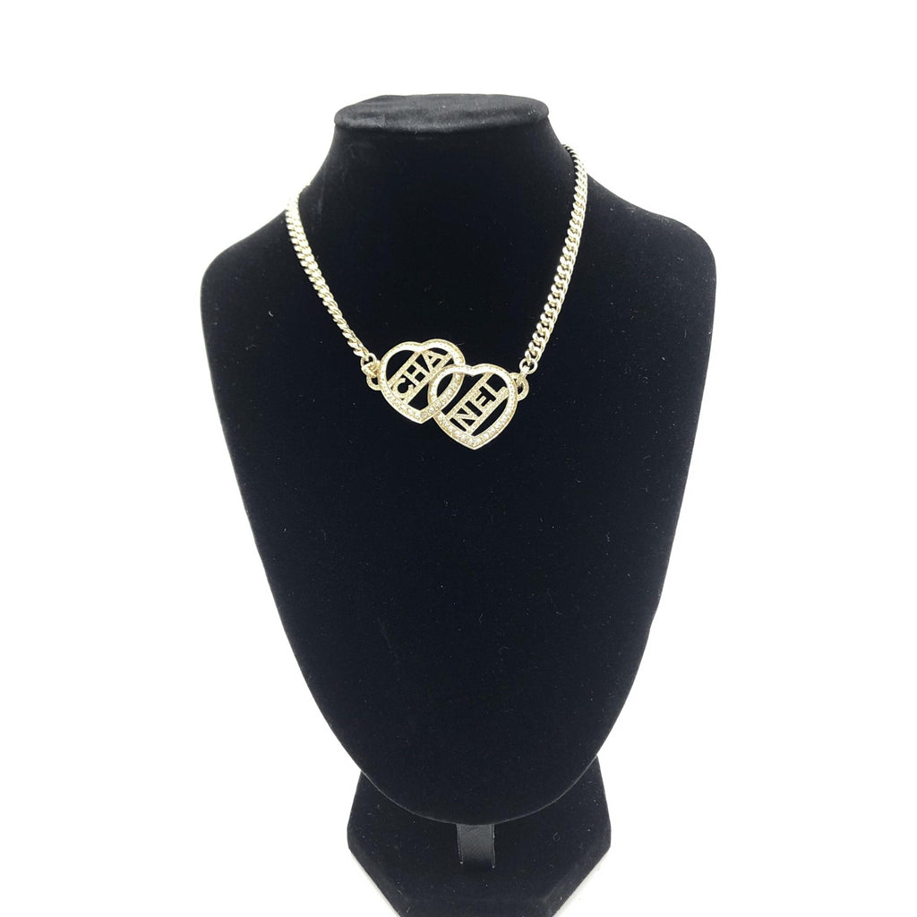 Chanel Gold Tone Heart Choker Necklace With Logo Chanel