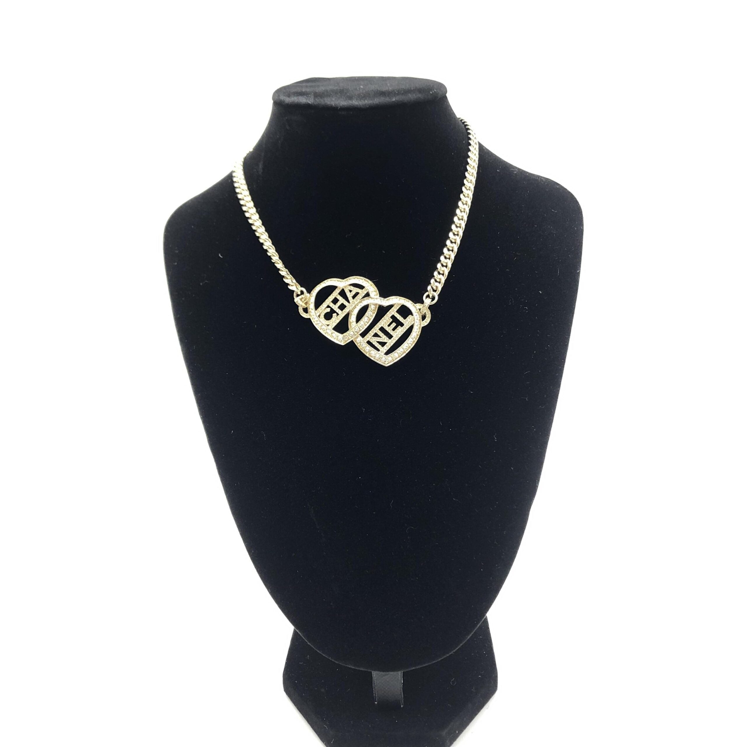 Chanel Gold Tone Heart Choker Necklace With Logo Chanel