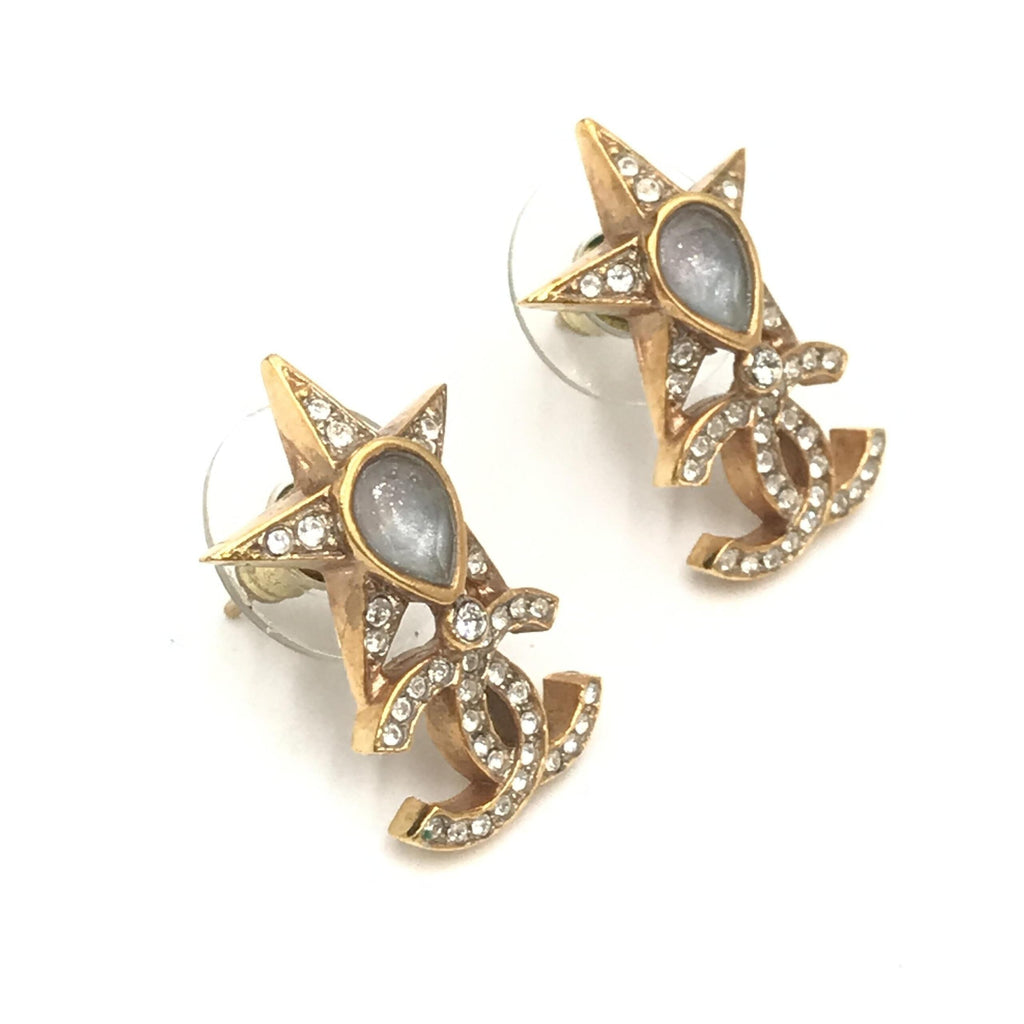 Chanel Gold Plated Star Coco Mark Earrings With Rhinestones Chanel