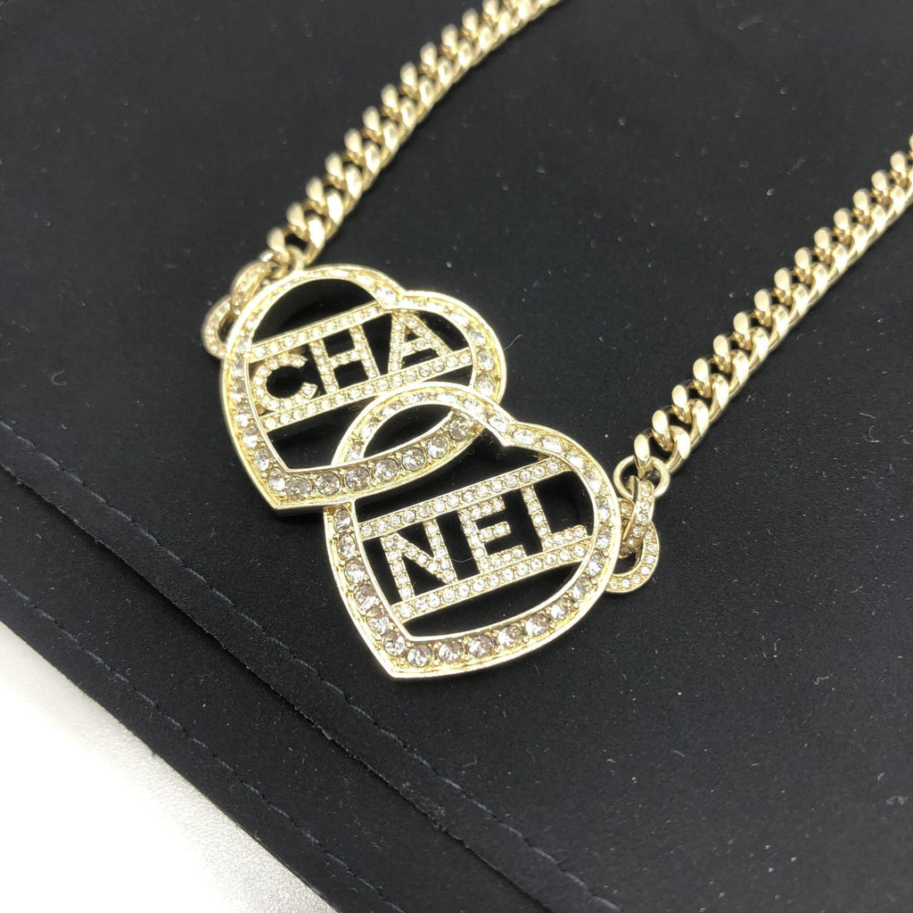 Chanel Gold Tone Heart Choker Necklace With Logo Chanel