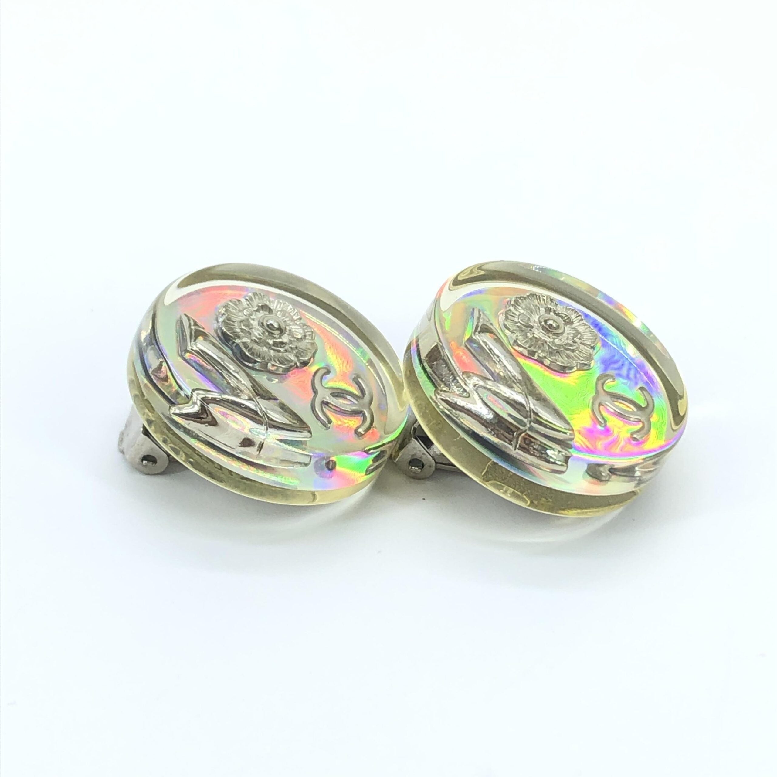 Chanel Vintage Holographic Logo Clip-On Earrings Chanel