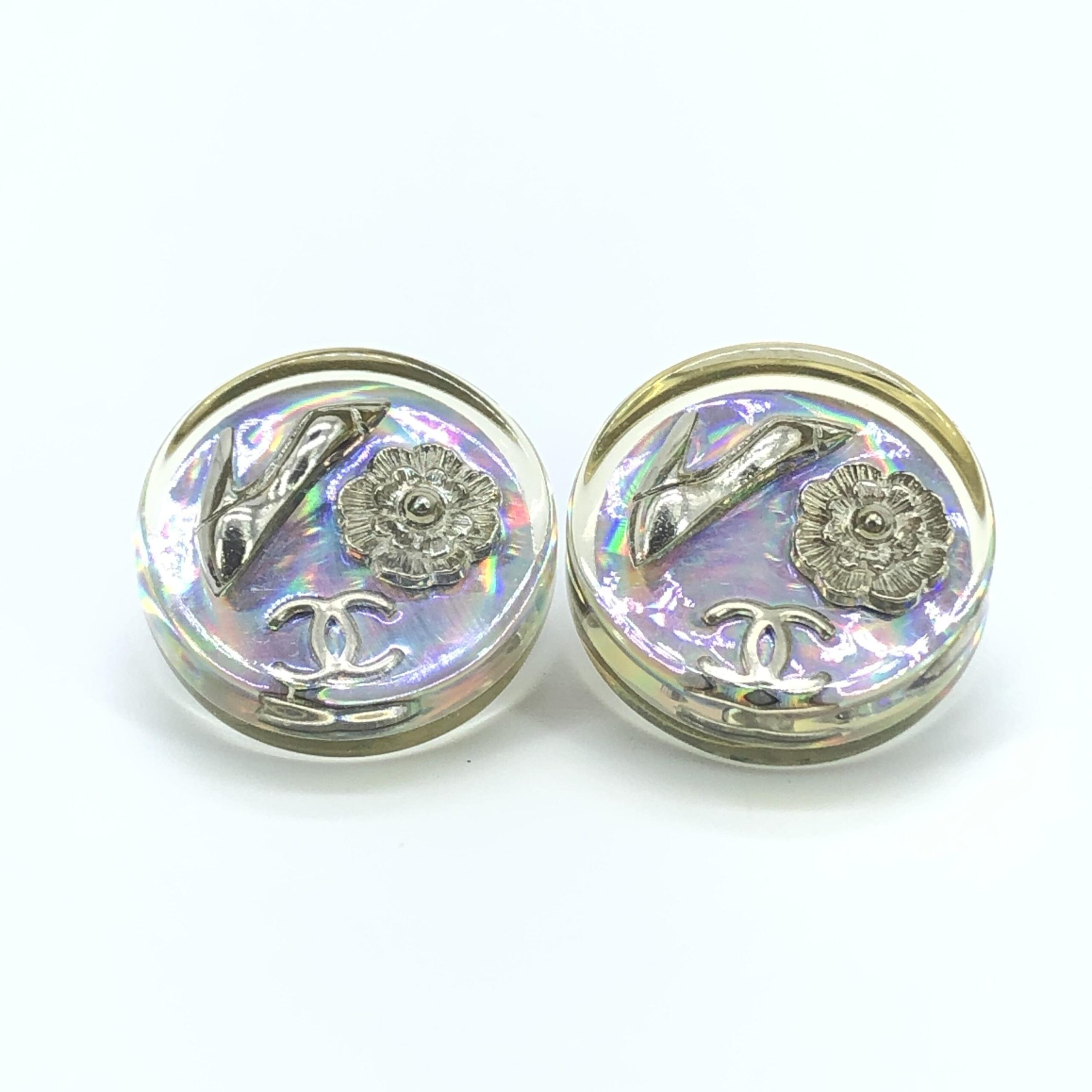 Chanel Vintage Holographic Logo Clip-On Earrings Chanel