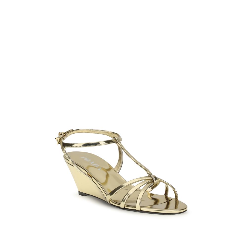 Prada Gold Calf Leather Bos Taurus Wedge Sandals Prada