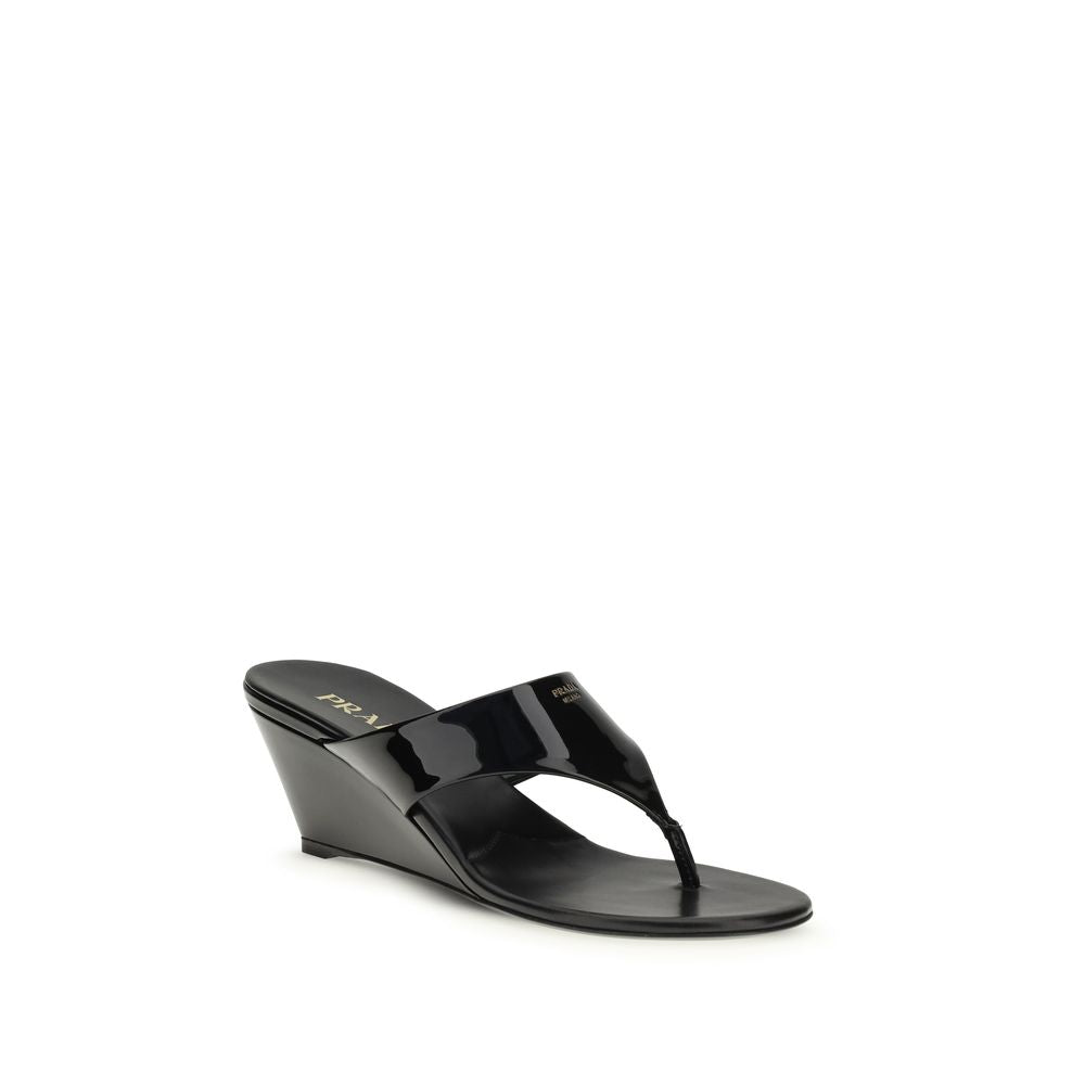 Prada Black Calf Leather Bos Taurus Wedge Sandals Prada