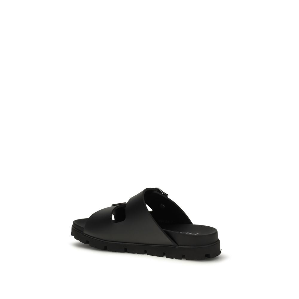 Prada Black Calf Leather Bos Taurus Flat Sandals Prada