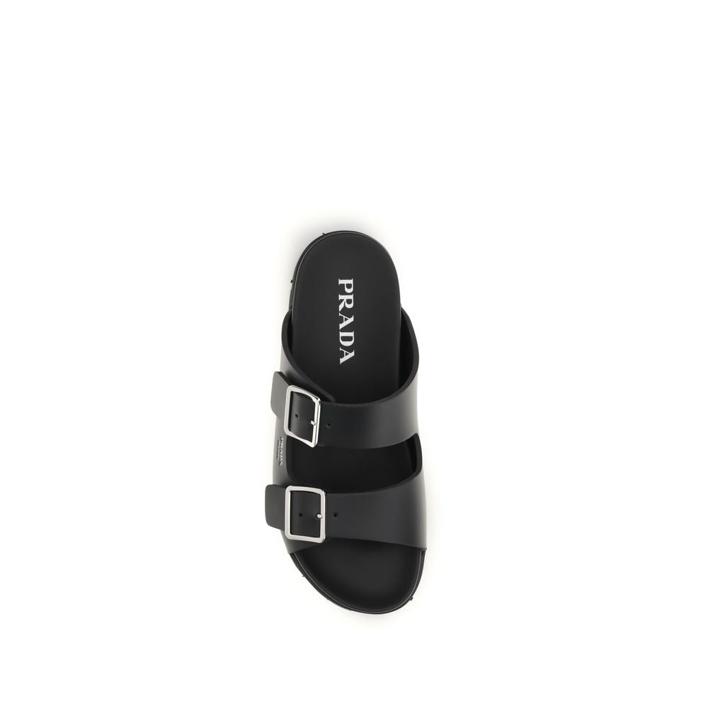 Prada Black Calf Leather Bos Taurus Flat Sandals Prada