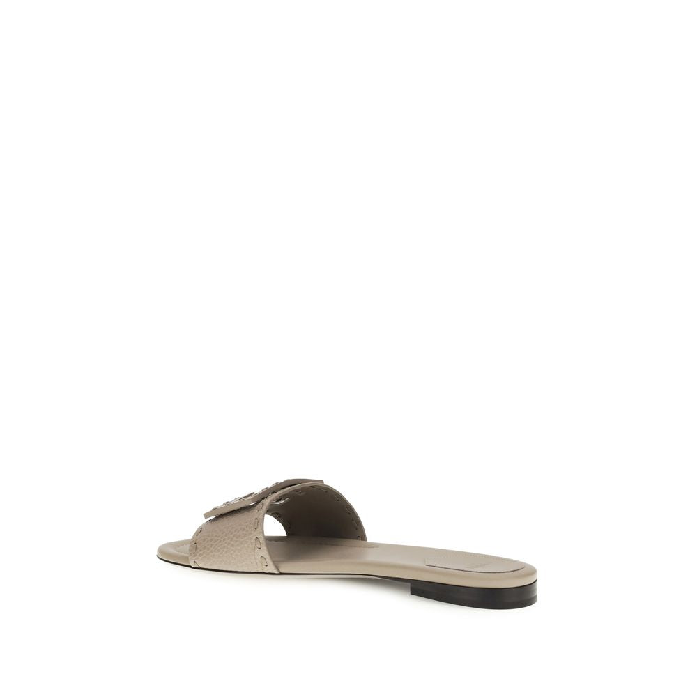 Fendi Gray Calf Leather Bos Taurus Flat Sandals Fendi