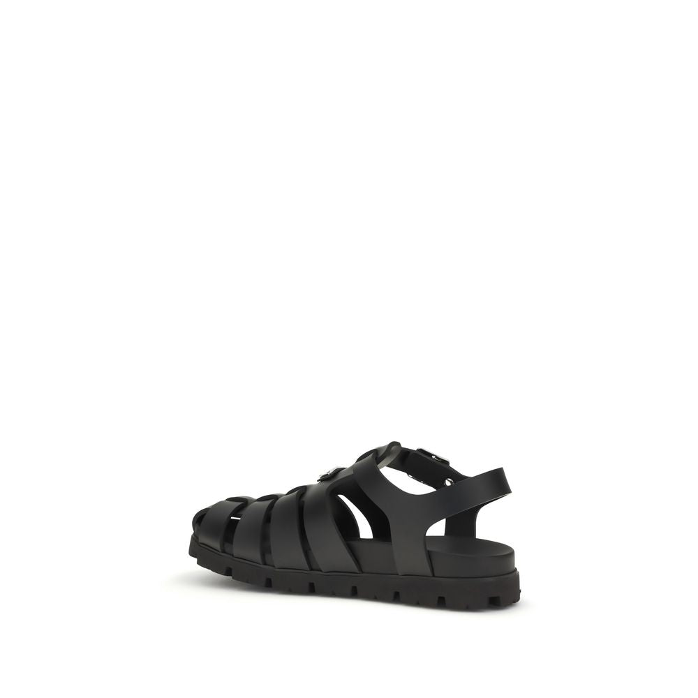 Prada Black Calf Leather Bos Taurus Flat Sandals Prada