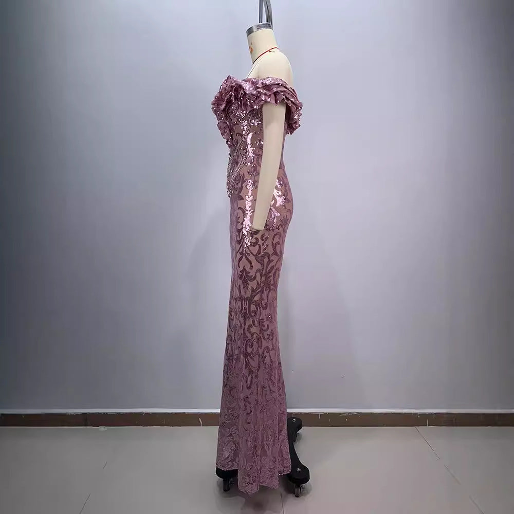 European and American style pink sexy and charming mesh evening dress eprolo