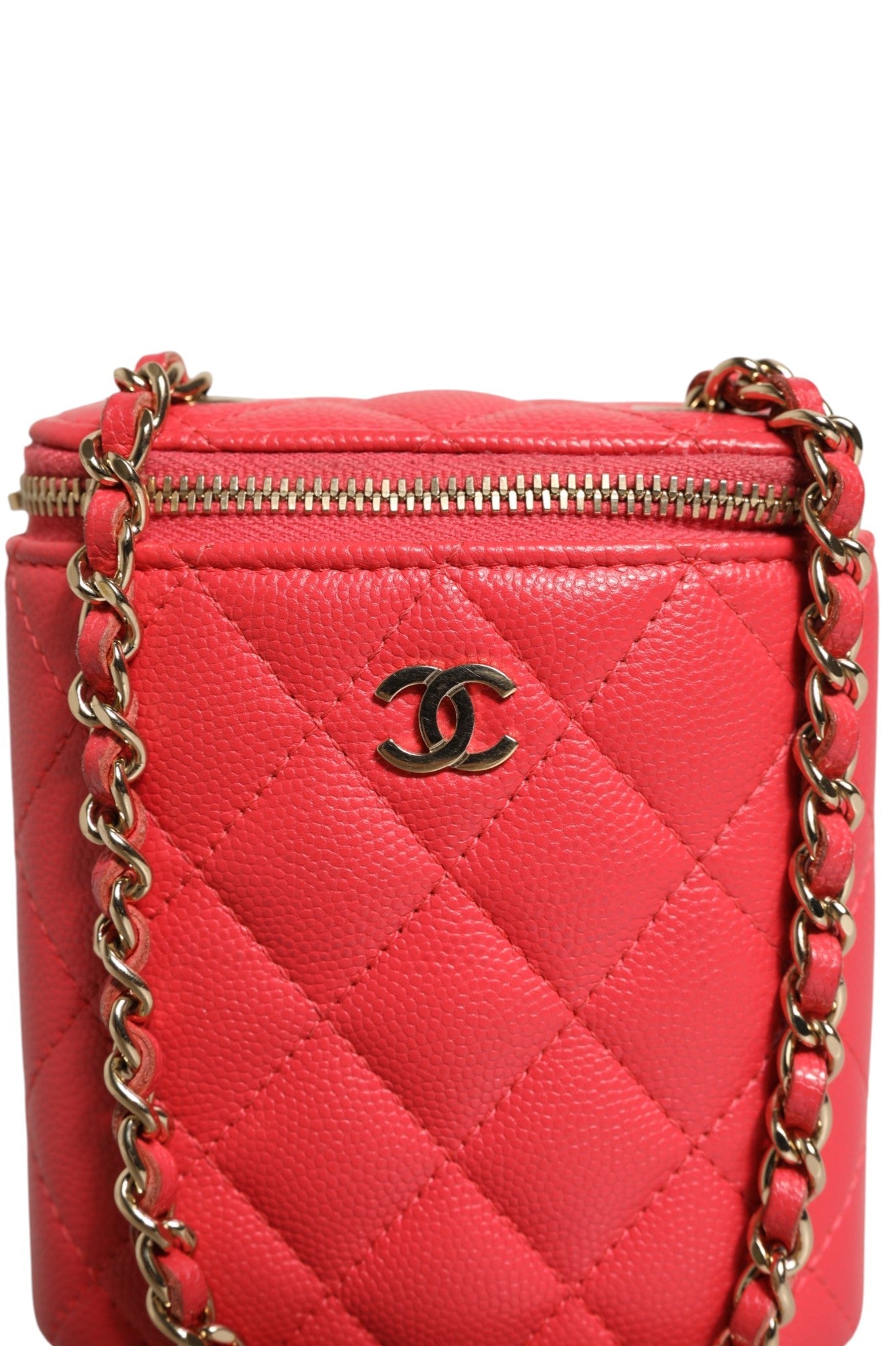 Chanel Red Caviar Quilted Small Vertical Coco Beauty Vanity Case with Chain Chanel