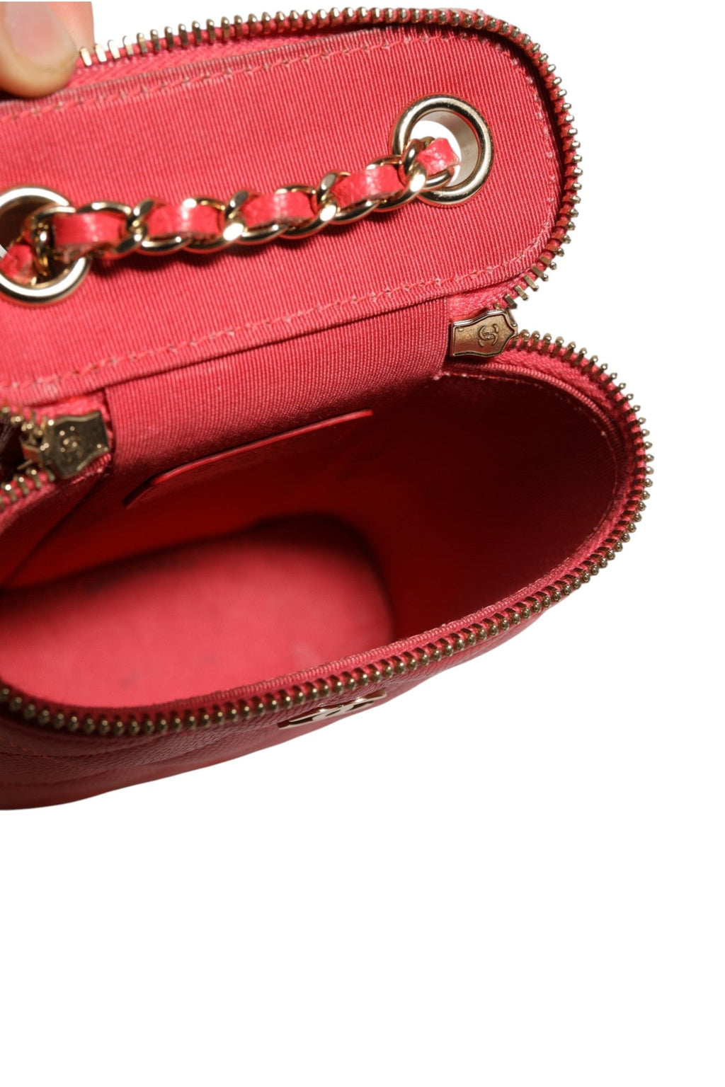 Chanel Red Caviar Quilted Small Vertical Coco Beauty Vanity Case with Chain Chanel