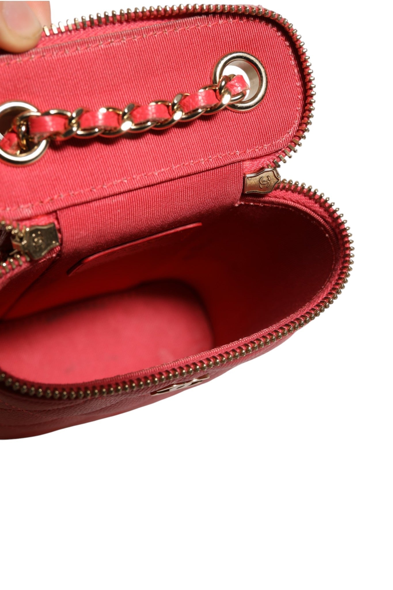 Chanel Red Caviar Quilted Small Vertical Coco Beauty Vanity Case with Chain Chanel