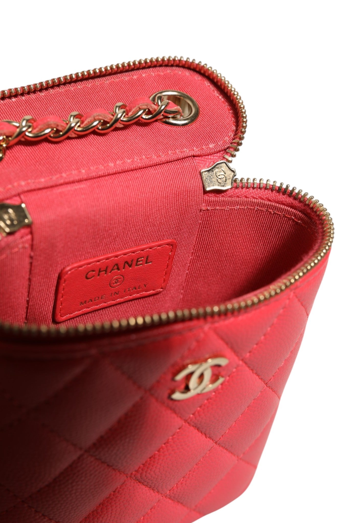 Chanel Red Caviar Quilted Small Vertical Coco Beauty Vanity Case with Chain Chanel