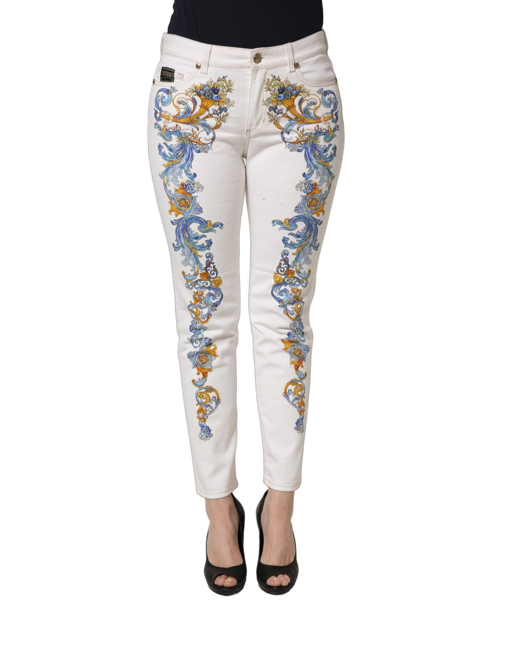 Versace Jeans Couture White Floral Print Skinny Denim Jeans Versace Jeans Couture