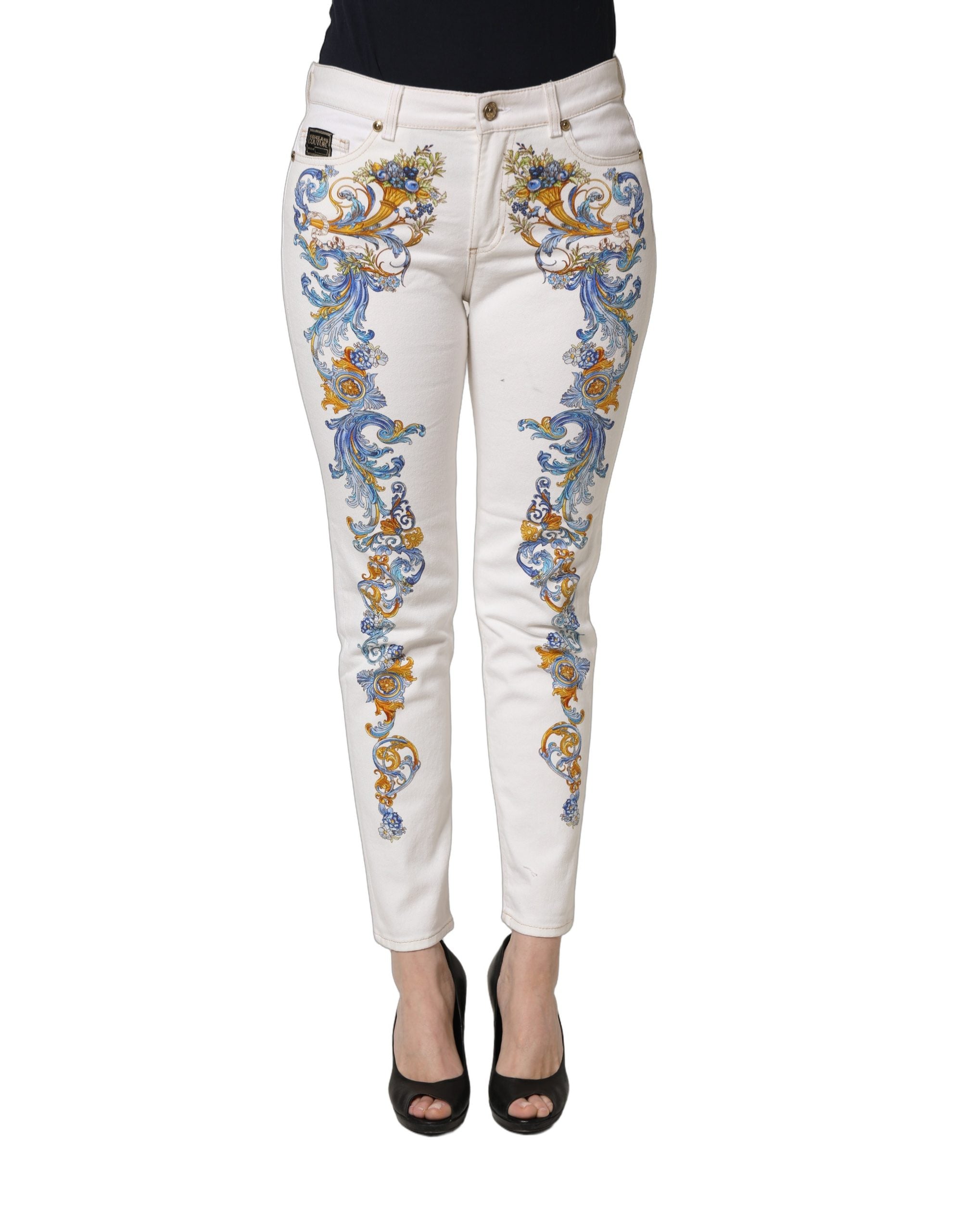 Versace Jeans Couture White Floral Print Skinny Denim Jeans Versace Jeans Couture
