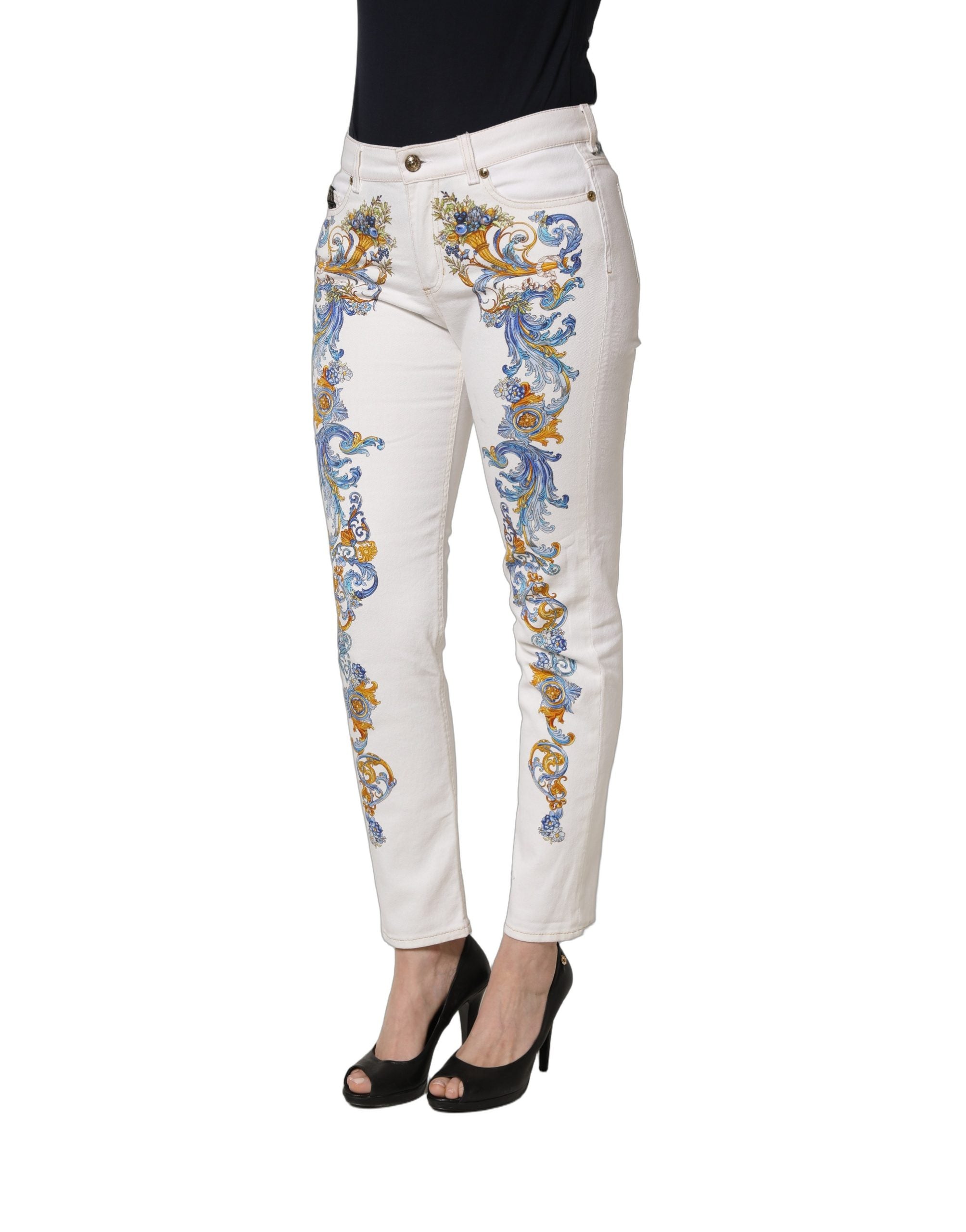 Versace Jeans Couture White Floral Print Skinny Denim Jeans Versace Jeans Couture