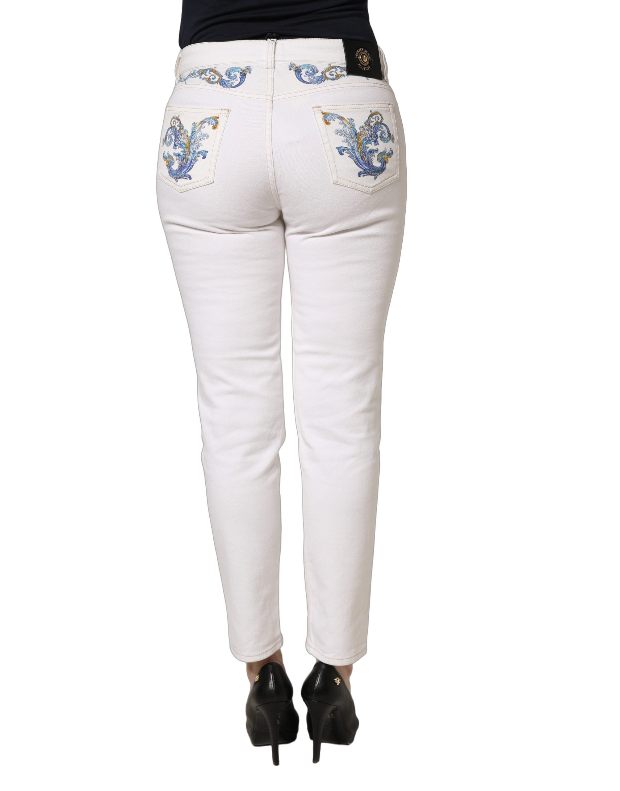 Versace Jeans Couture White Floral Print Skinny Denim Jeans Versace Jeans Couture
