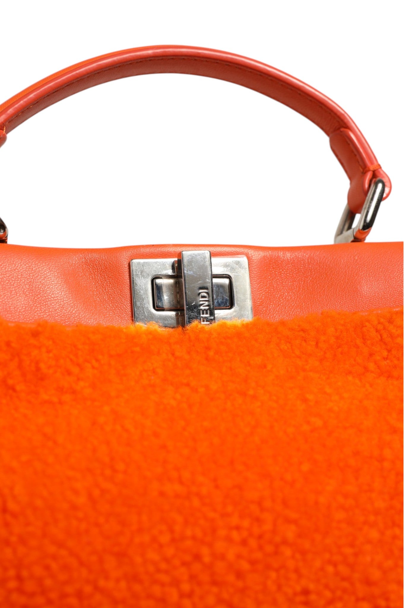 Fendi Orange Leather and Shearling Mini Peekaboo Top Handle Bag Fendi